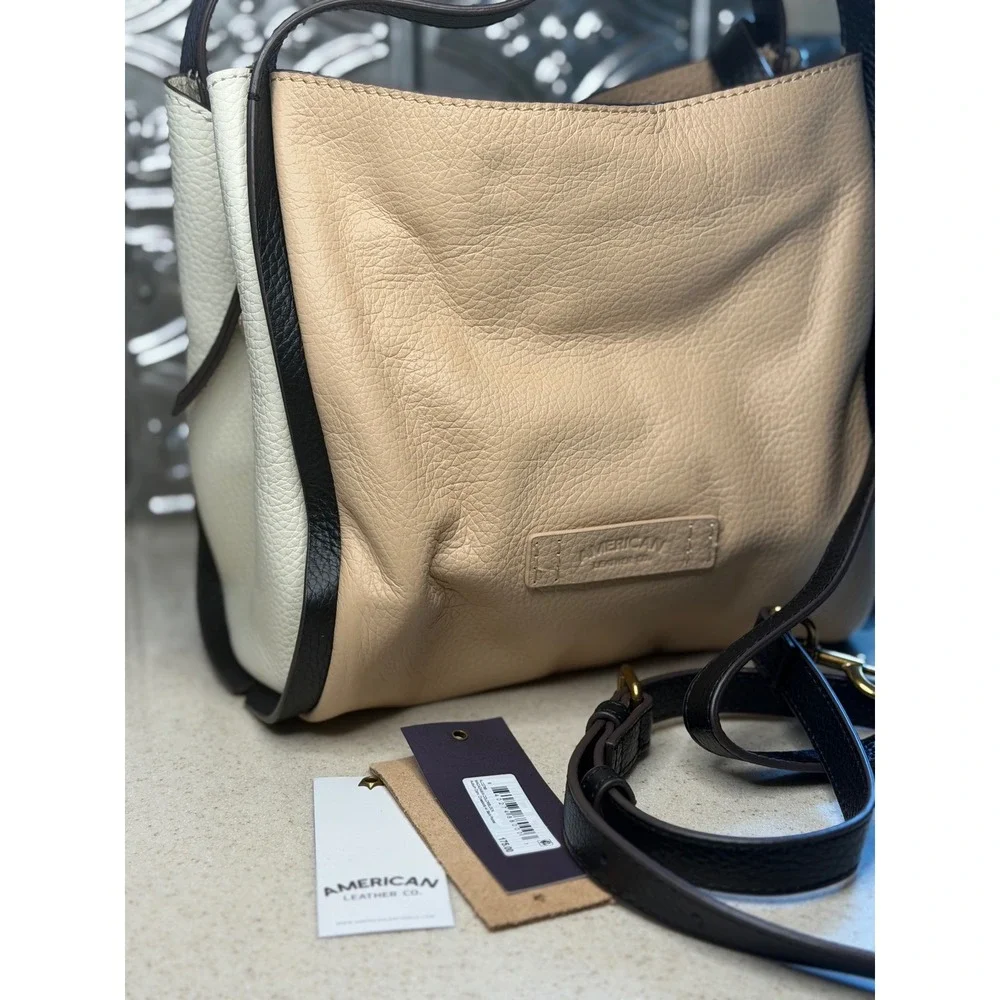 American Leather Co Satchel Macadamia Colorblock Triple Entry Pebbled Leather OS